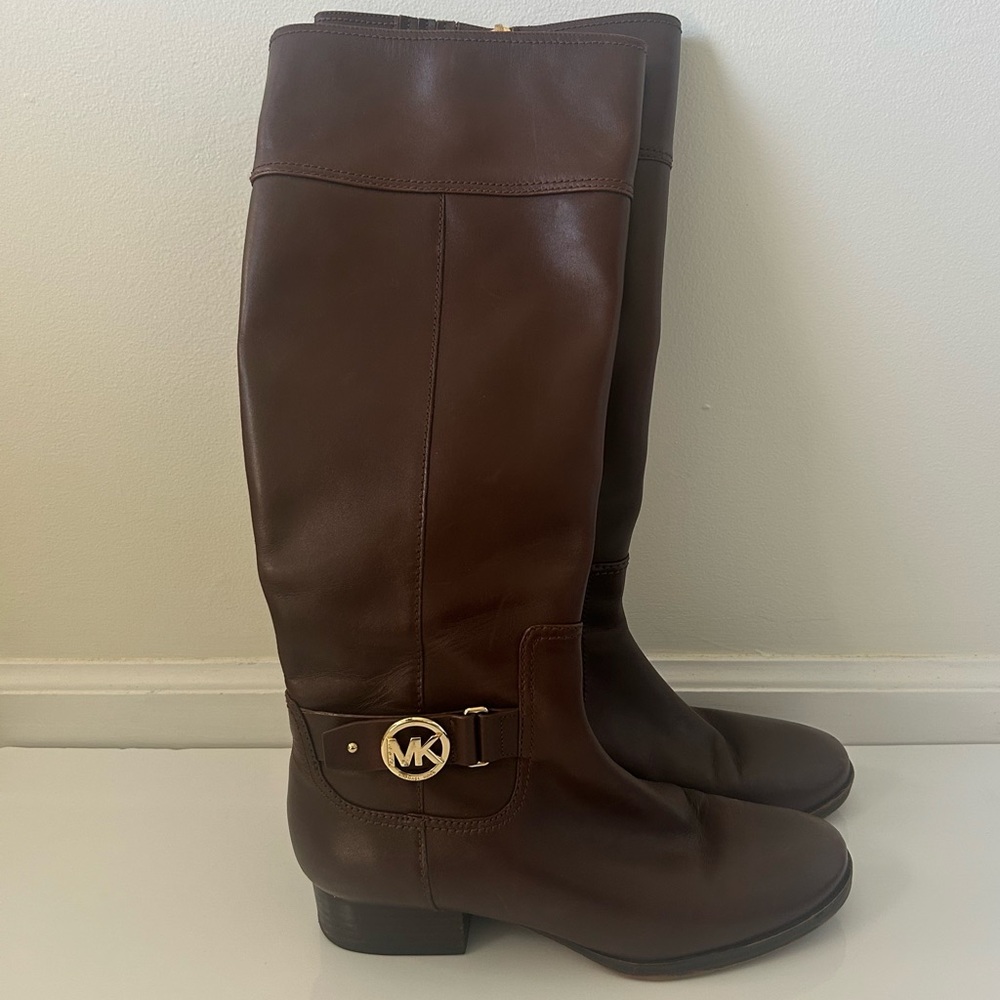 Michael Kors Brown Leather Boots Gold Logo Size 8